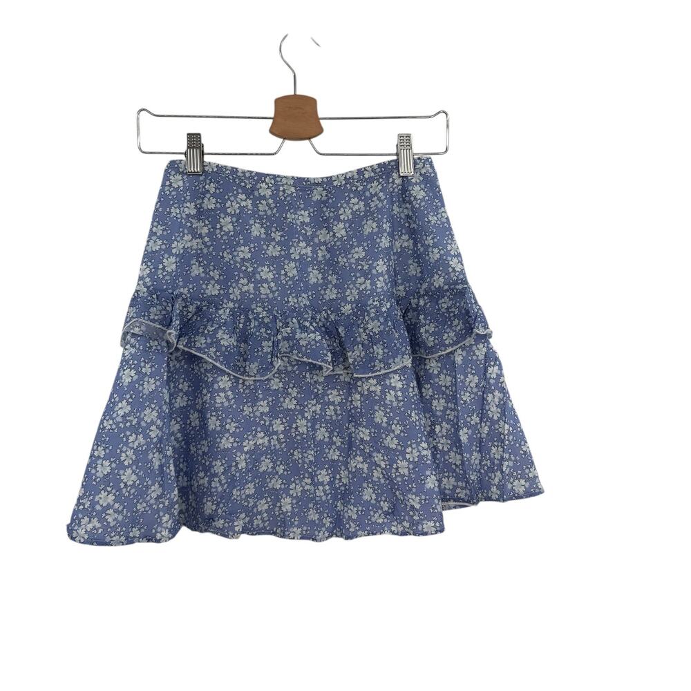 Kisuii Floral Ruffle Mini Skirt Blue Silk Blend Tiered Womens XS‎ Boho - Picture 6 of 9